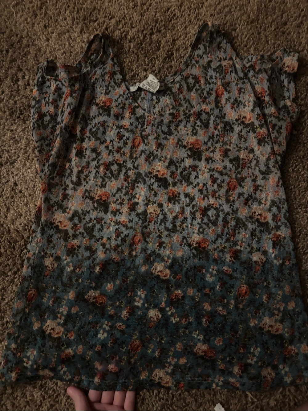 American Rag Floral Print Blouse in Blue-Grey with Rust Accents